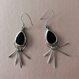 Silver and Black Onyx Dangle Earrings Stamped 925 MEX